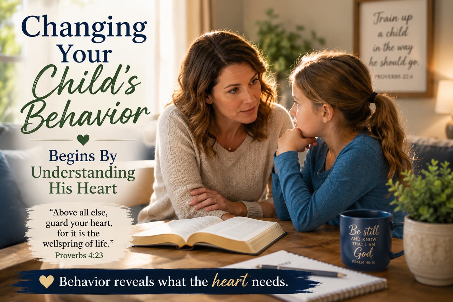 Parent talking with a child while teaching biblical values and positive behavior