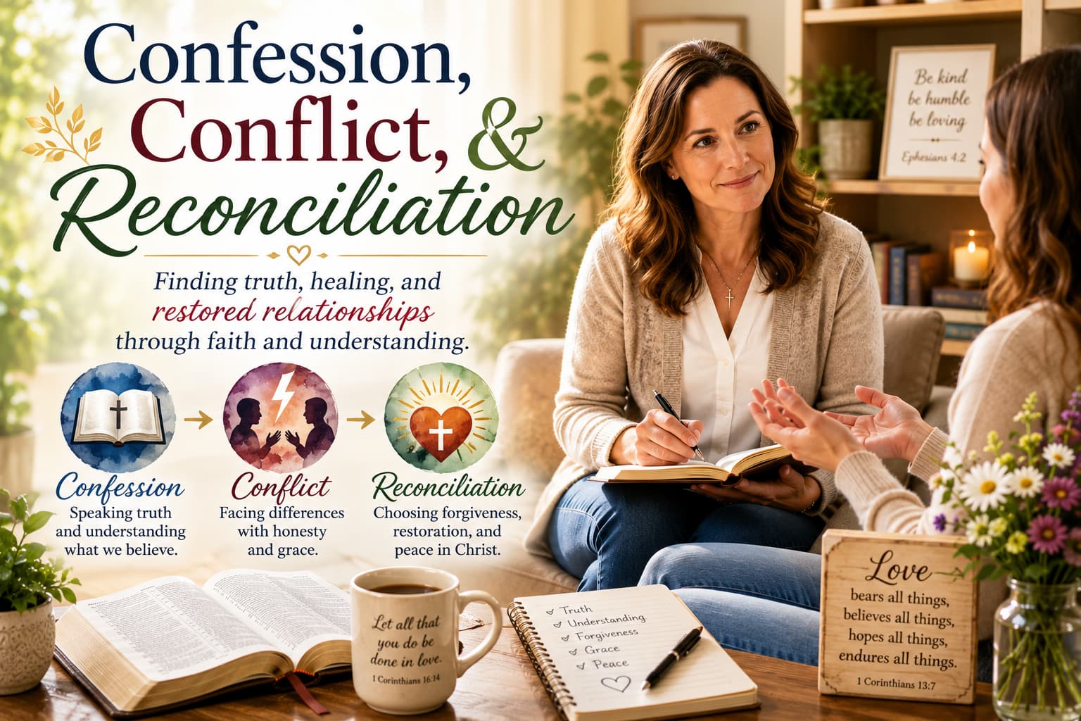 Two people resolving conflict through Christian counseling and reconciliation